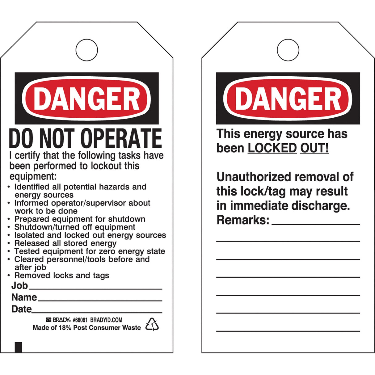 Lockout Tags, Plastic, 3" W x 5-3/4" H, English