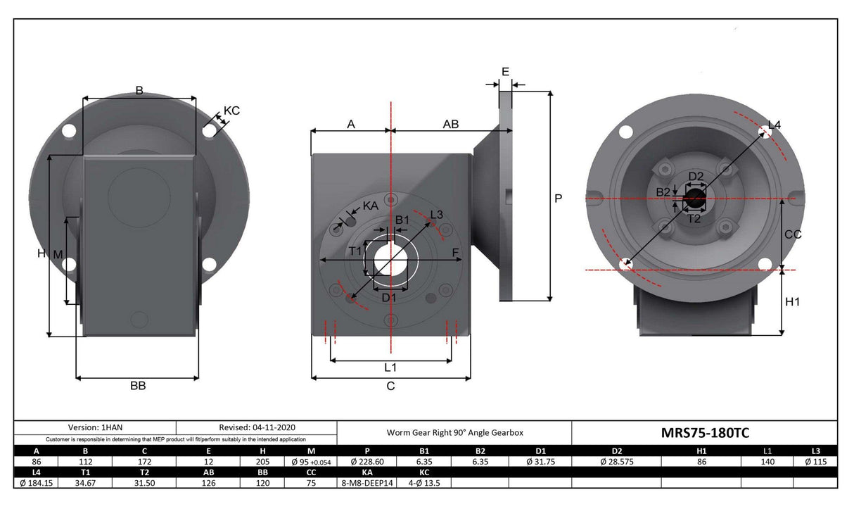 Max Motion MRS75-7.5-180TC | Stainless Steel Gearbox 180TC 7.5:1 Size 75 Output Bore 1.25"