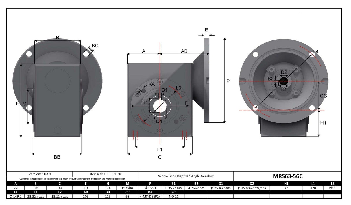 Max Motion MRS63-40-56C | Stainless Steel Gearbox 56C 40:1 Size 63 Output Bore 1"