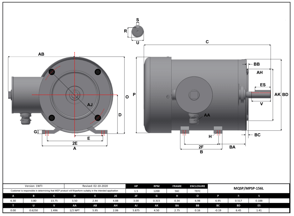 Max Motion MQSP-156L | NEMA Motor 1.5HP, 1200RPM, 208-230/460V, Frame 56C, TEFC, Rigid Base