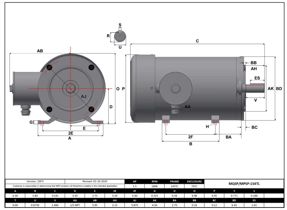 Max Motion MQSP-154TL | NEMA Motor 1.5HP, 1800RPM, 208-230/460V, Frame 145TC, TEFC, Rigid Base
