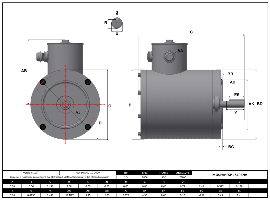 Max Motion MQSP-154RBNV | NEMA Motor 1.5HP, 1800RPM, 208-230/460V, Frame 56C, TENV, Round Body Base