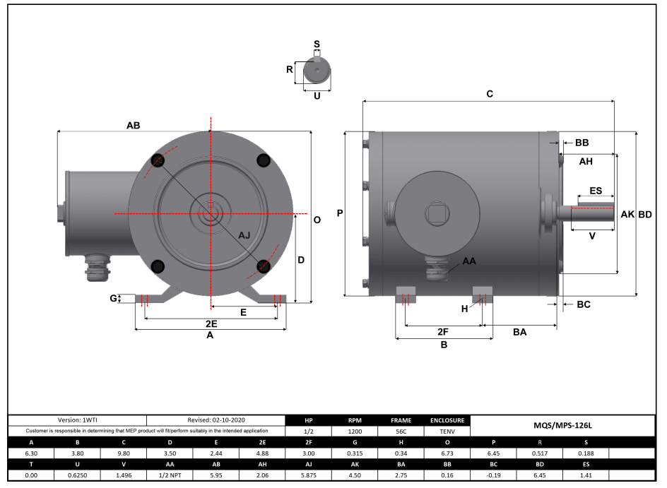 Max Motion MQS-126L | NEMA Motor 1/2HP, 1200RPM, 208-230/460V, Frame 56C, TENV, Rigid Base