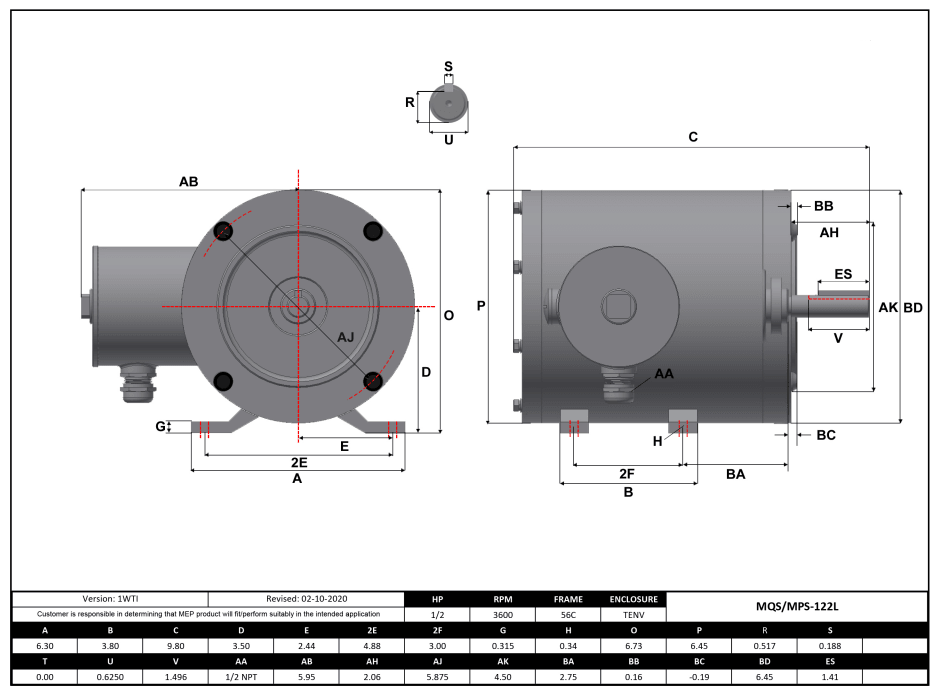 Max Motion MQS-122L | NEMA Motor 1/2HP, 3600RPM, 208-230/460V, Frame 56C, TENV, Rigid Base
