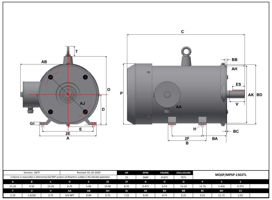Max Motion MQSP-1502TL | NEMA Motor 15HP, 3600RPM, 208-230/460V, Frame 254TC, TEFC, Rigid Base