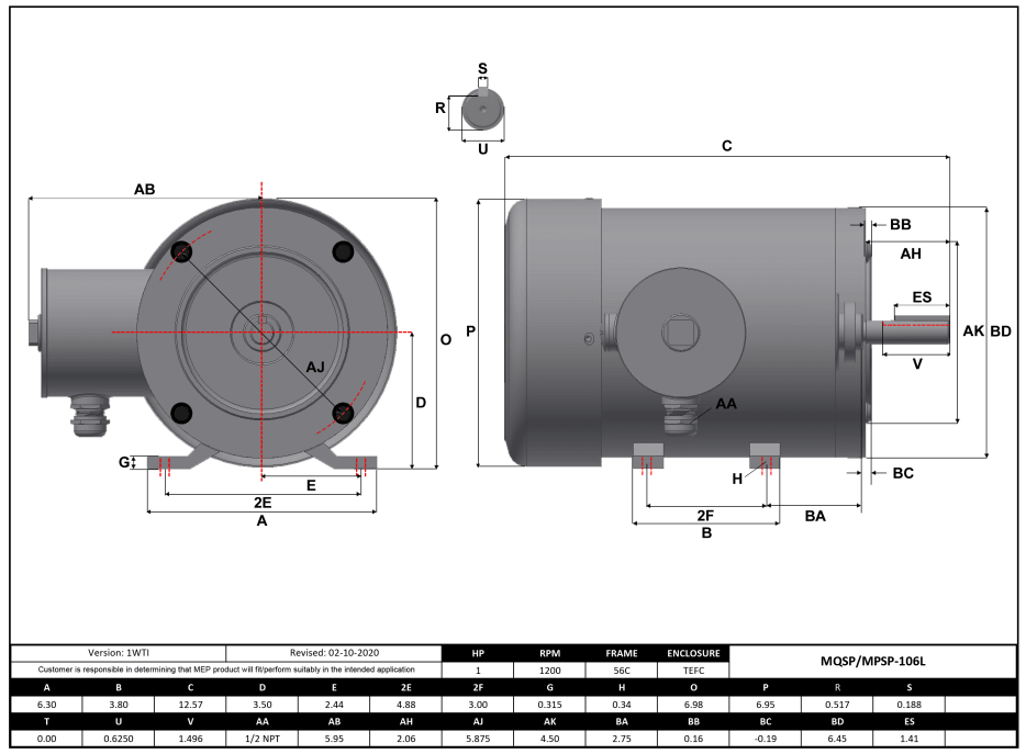 Max Motion MQSP-106L | NEMA Motor 1HP, 1200RPM, 208-230/460V, Frame 56C, TEFC, Rigid Base