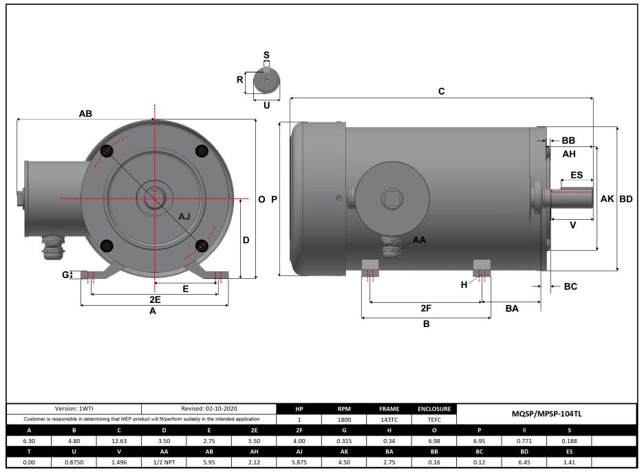 Max Motion MQSP-104TL | NEMA Motor 1HP, 1800RPM, 208-230/460V, Frame 143TC, TEFC, Rigid Base