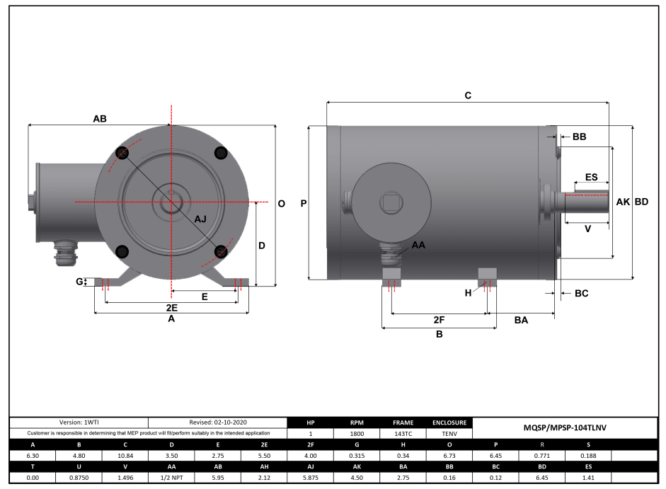 Max Motion MPSP-104TLNV | NEMA Motor 1HP, 1800RPM, 575V, Frame 143TC, TENV, Rigid Base