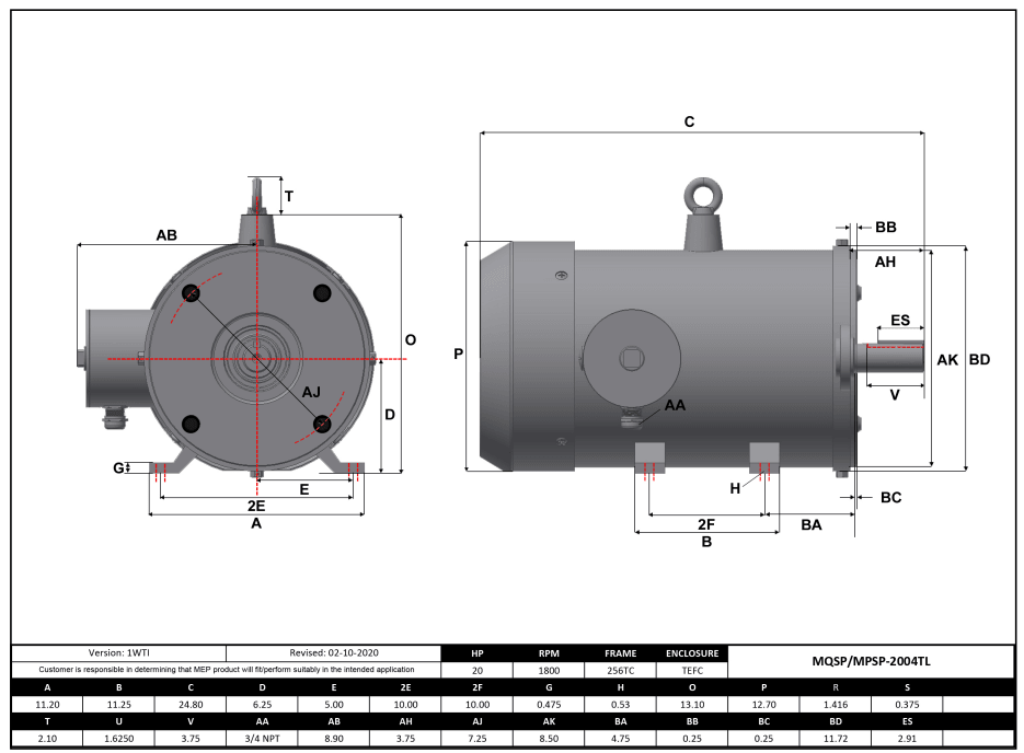 Max Motion MQSP-2004TL | NEMA Motor 20HP, 1800RPM, 208-230/460V, Frame 256TC, TEFC, Rigid Base