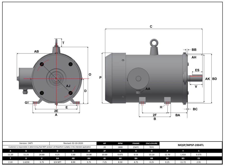 Max Motion MPSP-2004TL | NEMA Motor 20HP, 1800RPM, 575V, Frame 256TC, TEFC, Rigid Base