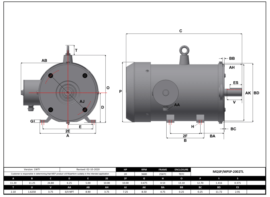 Max Motion MQSP-2002TL | NEMA Motor 20HP, 3600RPM, 208-230/460V, Frame 256TC, TEFC, Rigid Base