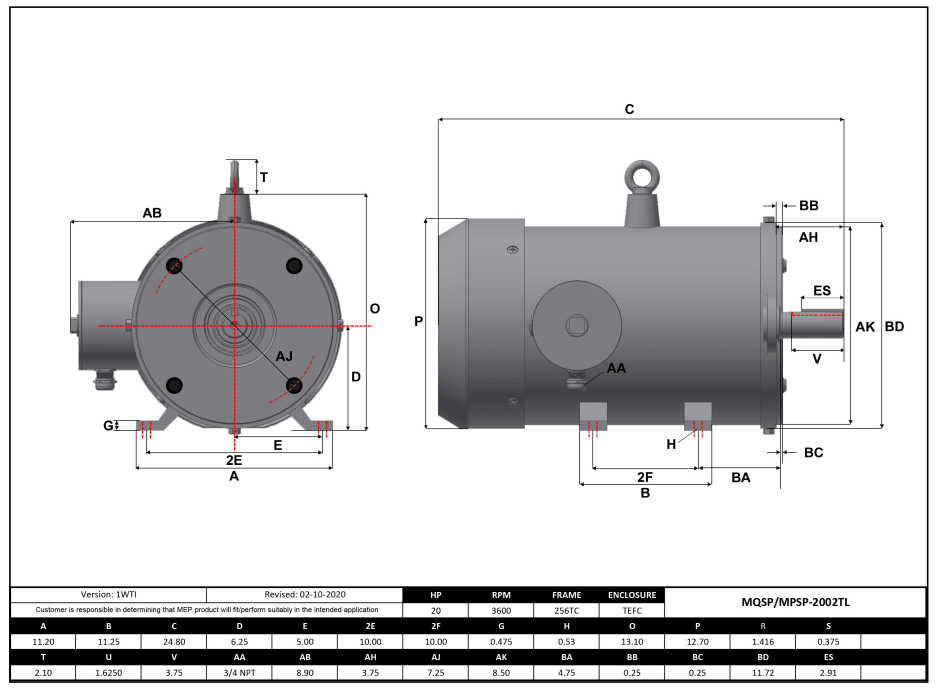 Max Motion MPSP-2002TL | NEMA Motor 20HP, 3600RPM, 575V, Frame 256TC, TEFC, Rigid Base