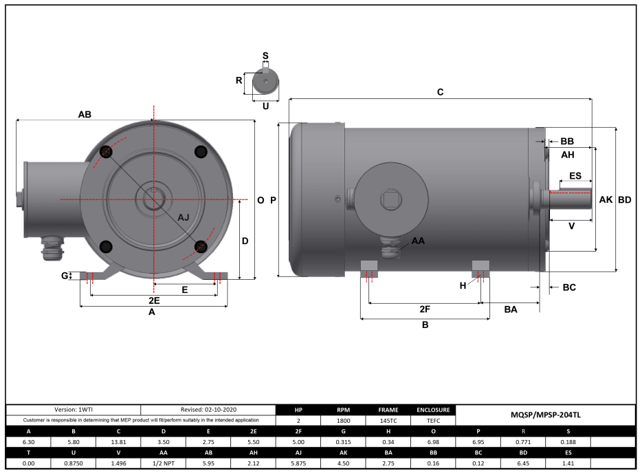 Max Motion MQSP-204TL | NEMA Motor 2HP, 1800RPM, 208-230/460V, Frame 145TC, TEFC, Rigid Base