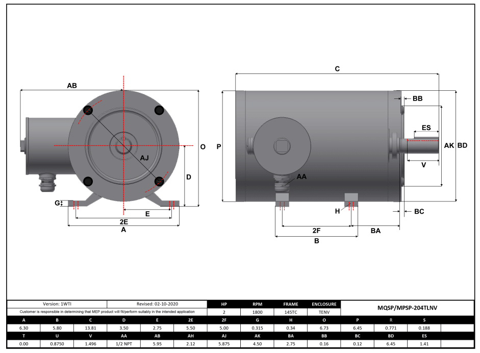 Max Motion MQSP-204TLNV | NEMA Motor 2HP, 1800RPM, 208-230/460V, Frame 145TC, TENV, Rigid Base