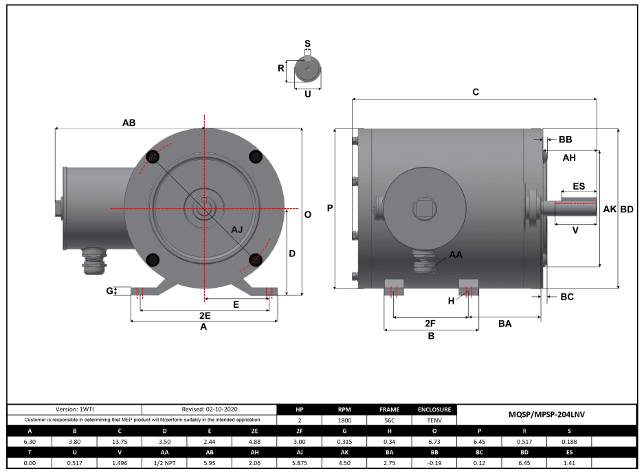 Max Motion MQSP-204LNV | NEMA Motor 2HP, 1800RPM, 208-230/460V, Frame 56C, TENV, Rigid Base