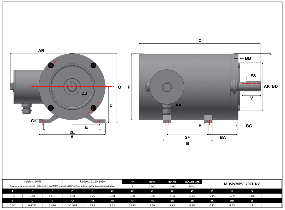 Max Motion MQSP-202TLNV | NEMA Motor 2HP, 3600RPM, 208-230/460V, Frame 145TC, TENV, Rigid Base