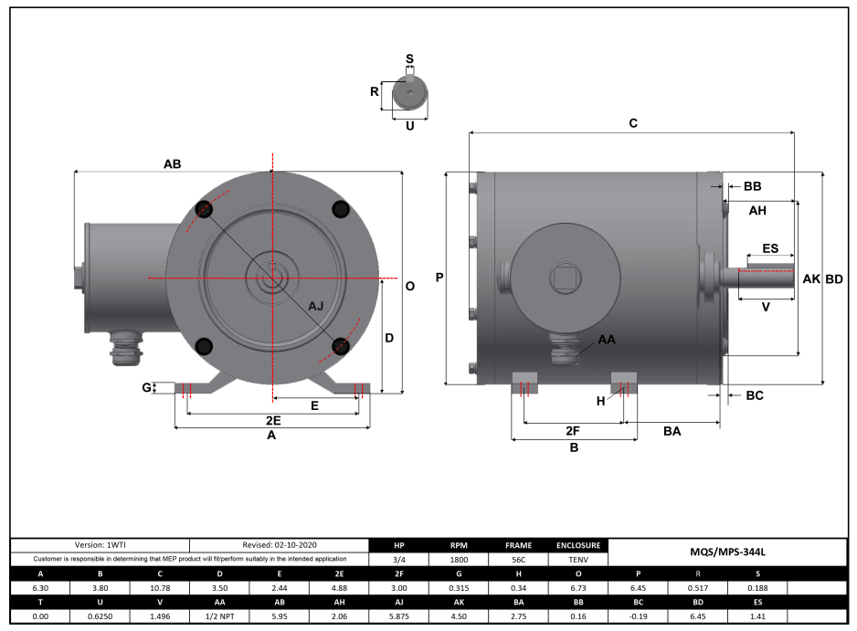 Max Motion MQS-344L | NEMA Motor 3/4HP, 1800RPM, 208-230/460V, Frame 56C, TENV, Rigid Base