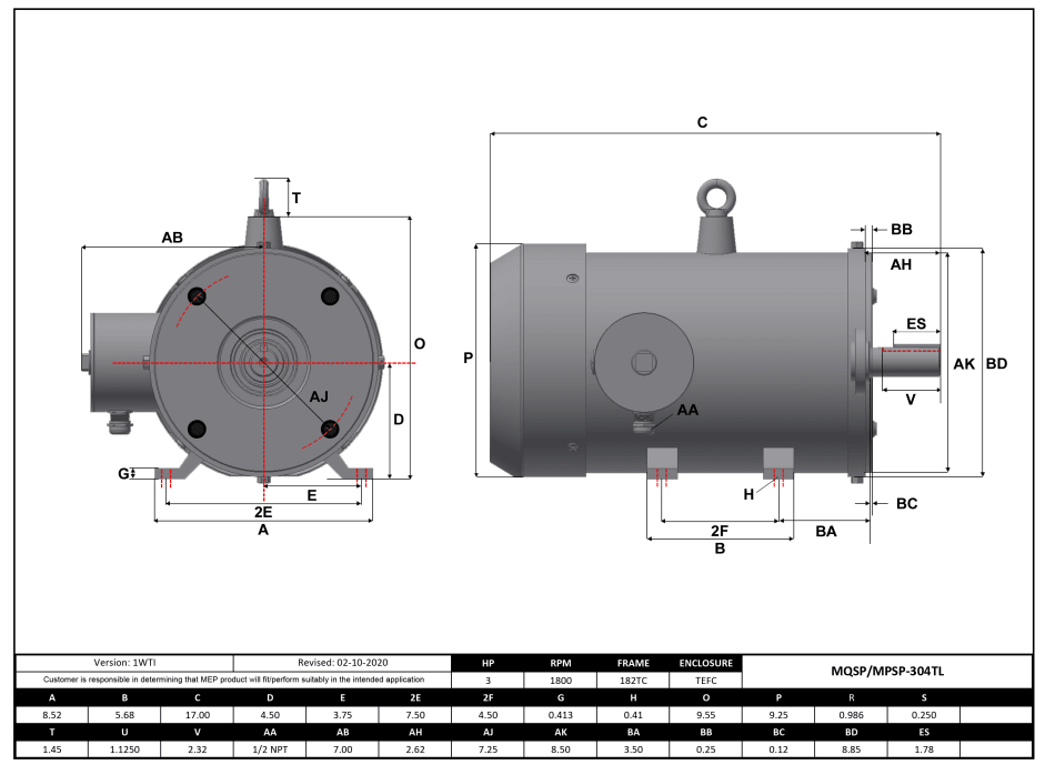 Max Motion MQSP-304TL | NEMA Motor 3HP, 1800RPM, 208-230/460V, Frame 182TC, TEFC, Rigid Base