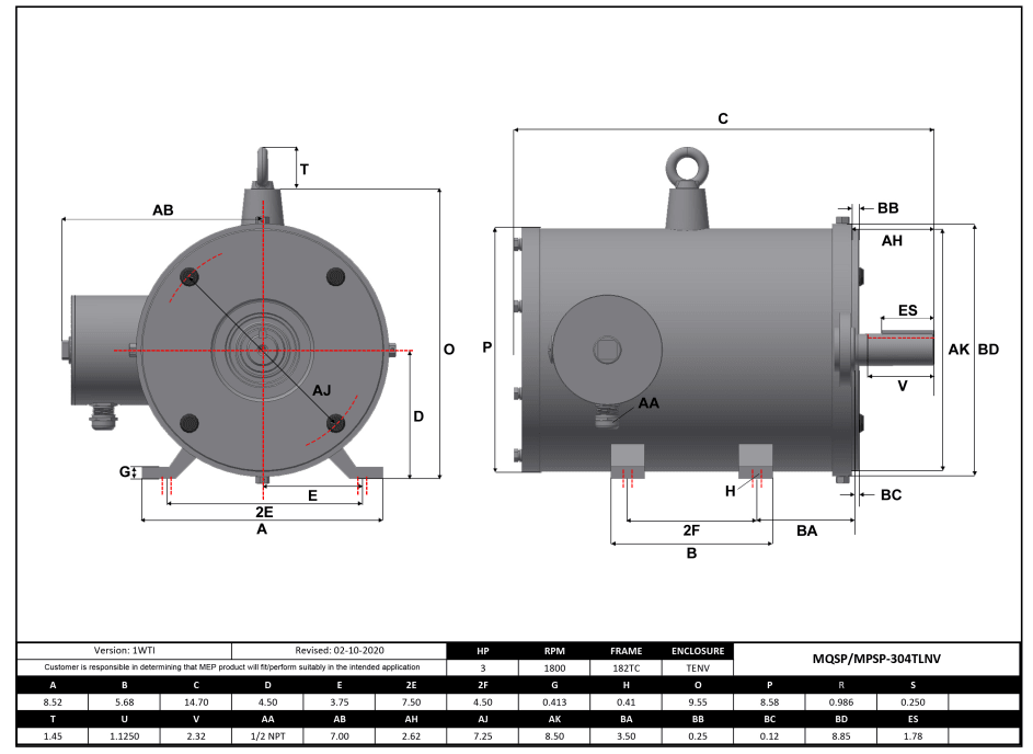Max Motion MQSP-304TLNV | NEMA Motor 3HP, 1800RPM, 208-230/460V, Frame 182TC, TENV, Rigid Base