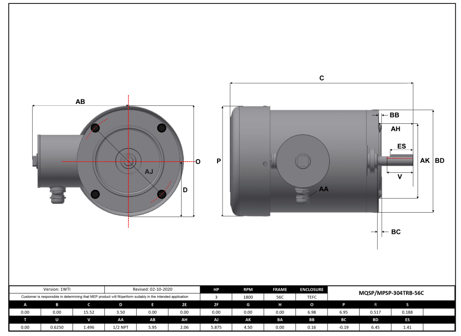 Max Motion MQSP-304TRB-56C | NEMA Motor 3HP, 1800RPM, 208-230/460V, Frame 56C, TEFC, Rigid Base