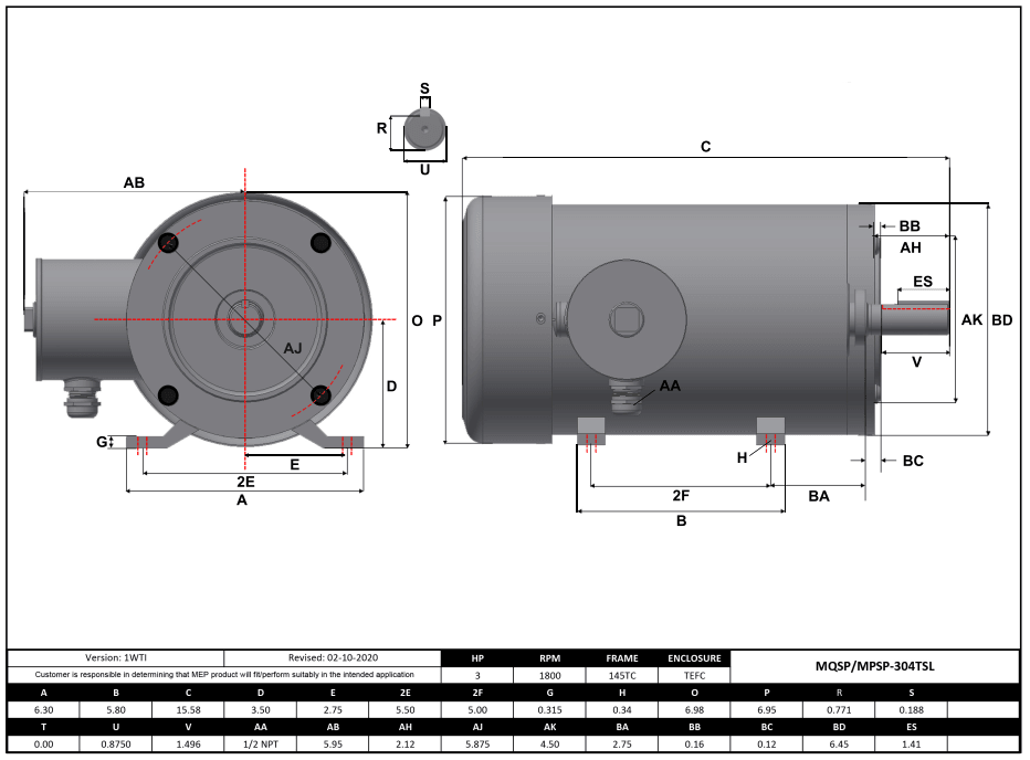 Max Motion MPSP-304TSL | NEMA Motor 3HP, 1800RPM, 575V, Frame 145TC, TEFC, Rigid Base