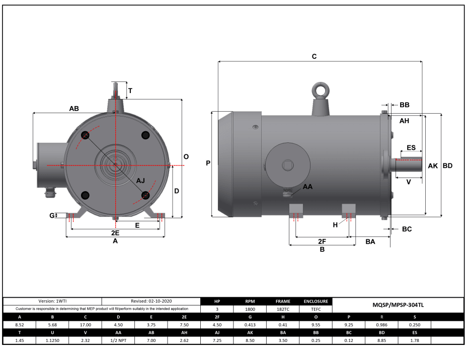 Max Motion MPSP-304TL | NEMA Motor 3HP, 1800RPM, 575V, Frame 182TC, TEFC, Rigid Base
