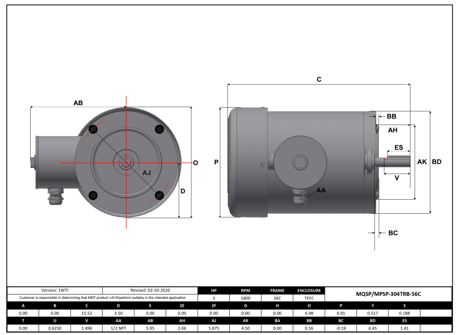 Max Motion MPSP-304TRB-56C | NEMA Motor 3HP, 1800RPM, 575V, Frame 56C, TEFC, Rigid Base
