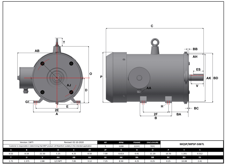 Max Motion MQSP-506TL | NEMA Motor 5HP, 1200RPM, 208-230/460V, Frame 215TC, TEFC, Rigid Base