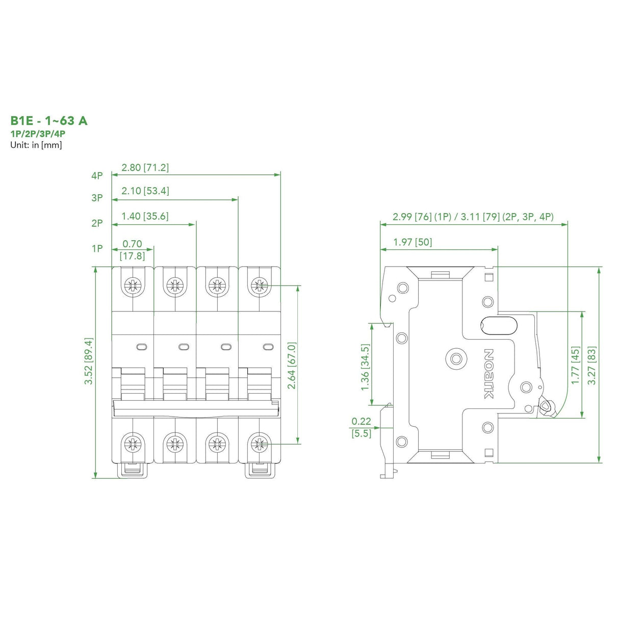 Supplementary Protector 5A, C Curve 480Vac 2P | B1E2C5