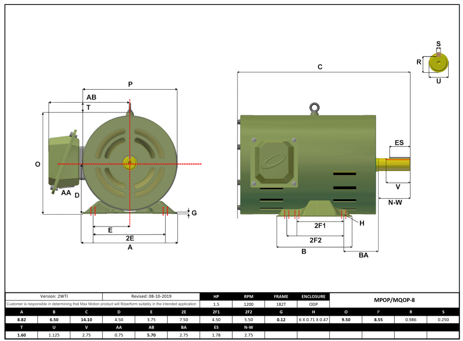 Max Motion MQOP-8 | T-Frame Motor 1.5HP, 1200RPM, 208-230/460V, Frame 182T, ODP, Rolled Steel