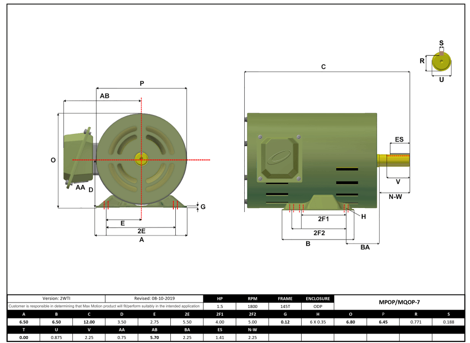 Max Motion MQOP-7 | T-Frame Motor 1.5HP, 1800RPM, 208-230/460V, Frame 144T, ODP, Rolled Steel