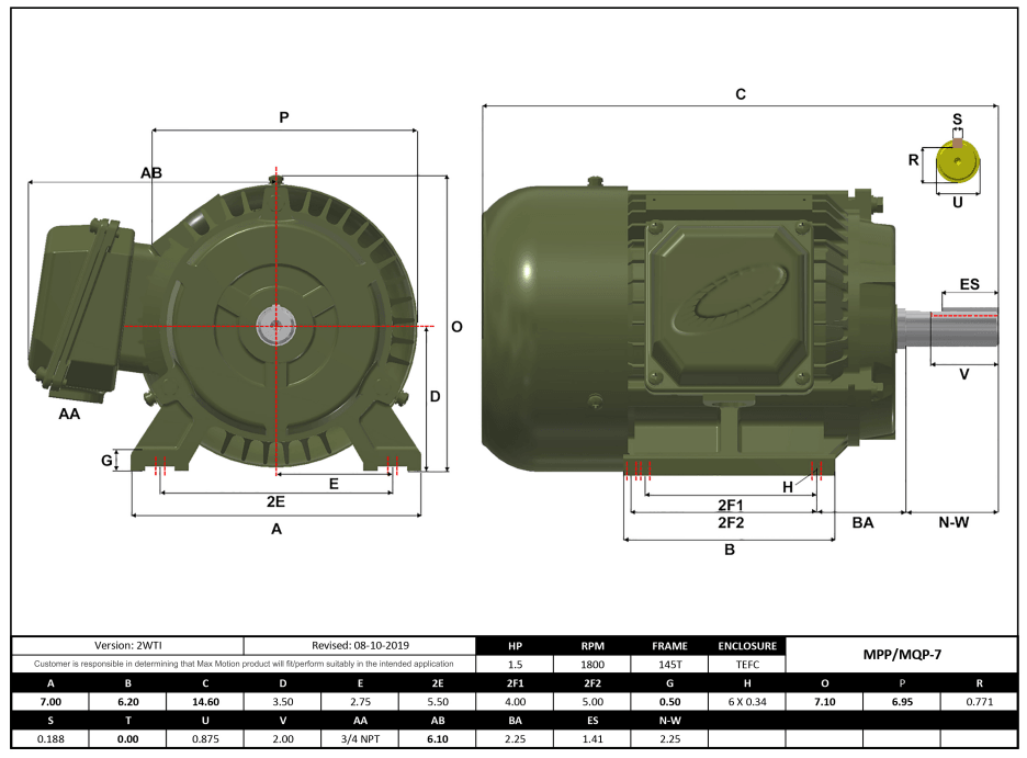 Max Motion MQP-7 | T-Frame Motor 1.5HP, 1800RPM, 208-230/460V, Frame 145T, TEFC, Cast Iron