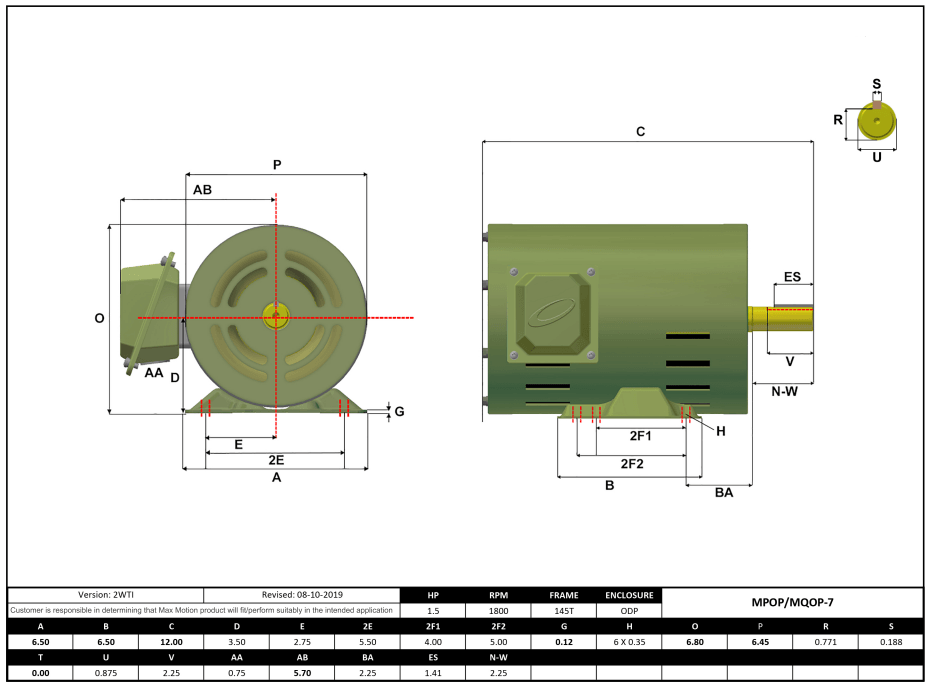 Max Motion MPOP-7 | T-Frame Motor 1.5HP, 1800RPM, 575V, Frame 145T, ODP, Rolled Steel