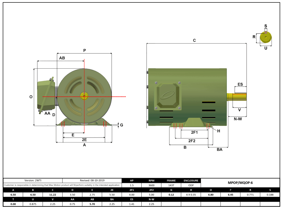 Max Motion MQOP-6 | T-Frame Motor 1.5HP, 3600RPM, 208-230/460V, Frame 143T, ODP, Rolled Steel