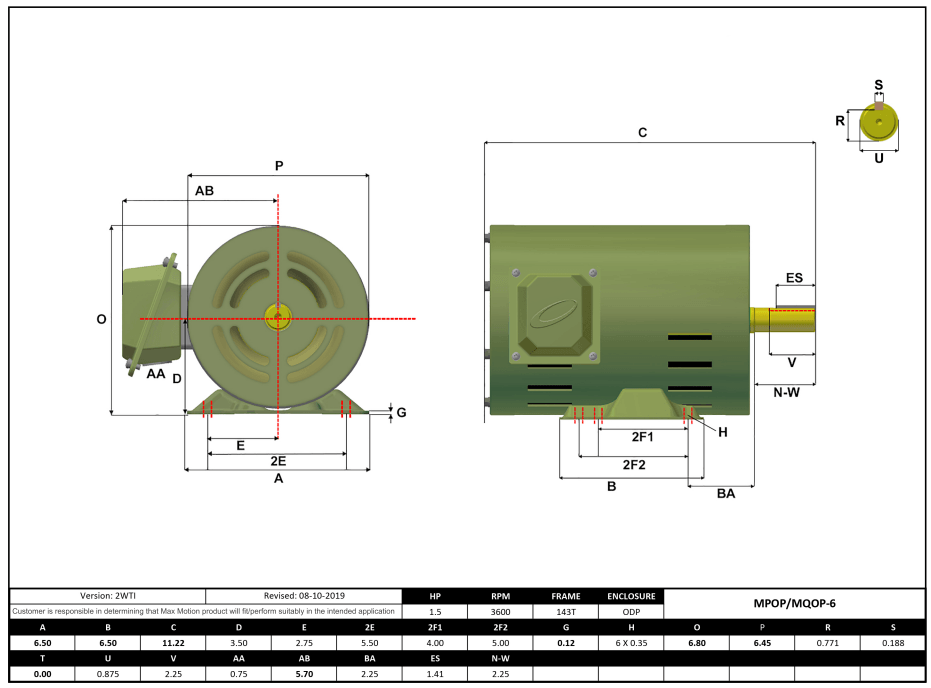 Max Motion MPOP-6 | T-Frame Motor 1.5HP, 3600RPM, 575V, Frame 143T, ODP, Rolled Steel