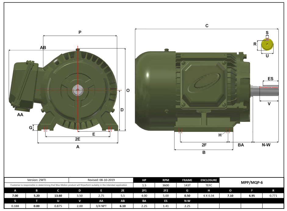 Max Motion MPP-6 | T-Frame Motor 1.5HP, 3600RPM, 575V, Frame 143T, TEFC, Cast Iron
