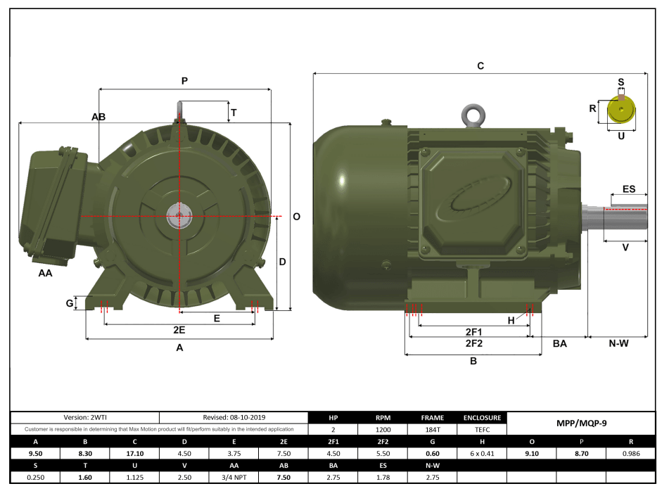 Max Motion MPP-9 | T-Frame Motor 1.5HP, 900RPM, 575V, Frame 184T, TEFC, Cast Iron