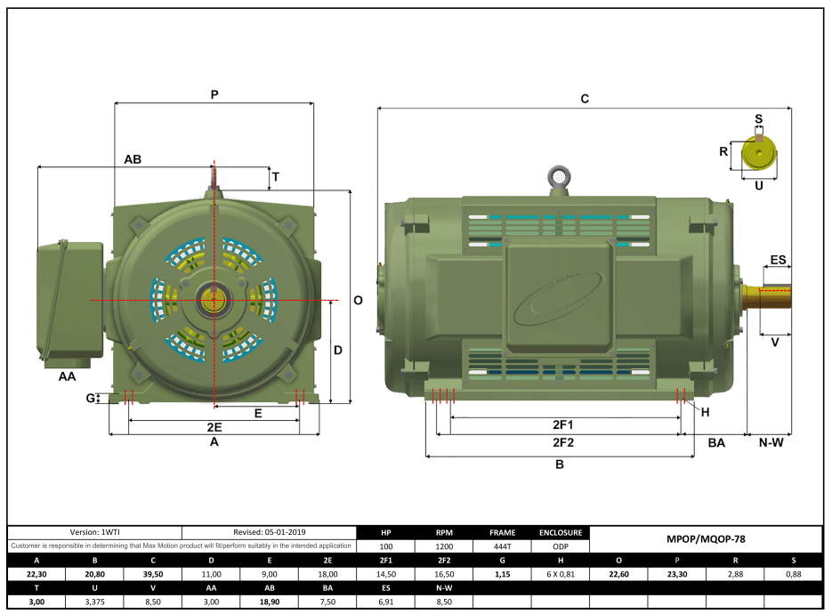 Max Motion MPOP-78 | T-Frame Motor 100HP, 1200RPM, 575V, Frame 444T, ODP, Cast Iron