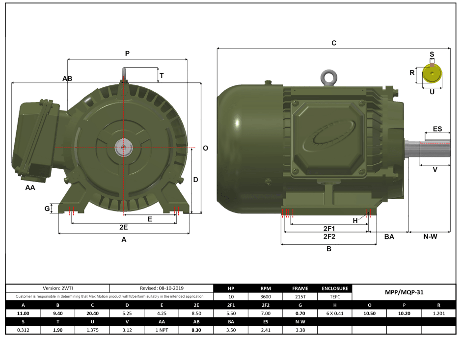 Max Motion MQP-31 | T-Frame Motor 10HP, 3600RPM, 208-230/460V, Frame 215T, TEFC, Cast Iron