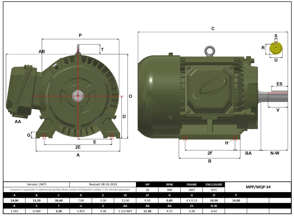 Max Motion MQP-34 | T-Frame Motor 10HP, 900RPM, 208-230/460V, Frame 284T, TEFC, Cast Iron
