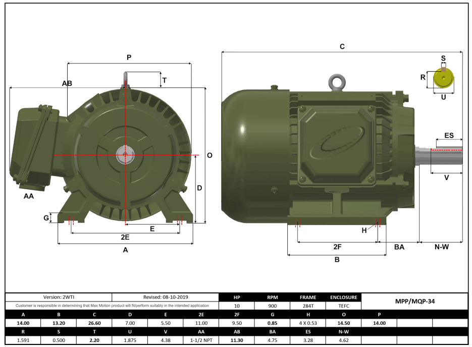 Max Motion MPP-34 | T-Frame Motor 10HP, 900RPM, 575V, Frame 284T, TEFC, Cast Iron