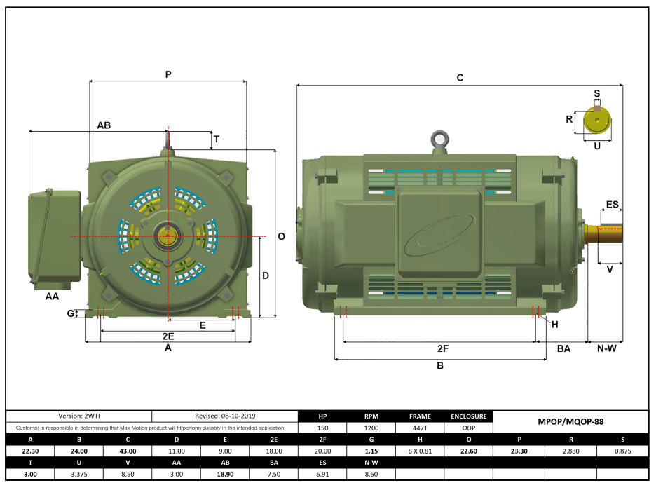 Max Motion MQOP-88 | T-Frame Motor 150HP, 1200RPM, 460V, Frame 447T, ODP, Cast Iron