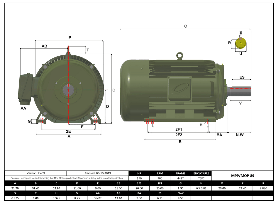 Max Motion MPP-89 | T-Frame Motor 150HP, 900RPM, 575V, Frame 449T, TEFC, Cast Iron