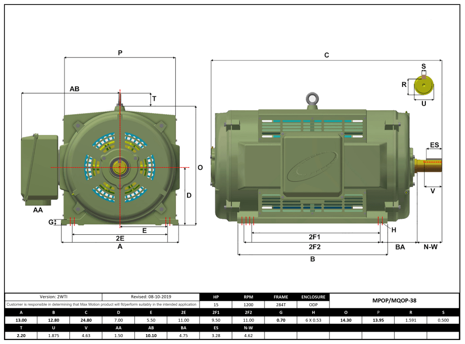 Max Motion MQOP-38 | T-Frame Motor 15HP, 1200RPM, 208-230/460V, Frame 284T, ODP, Cast Iron
