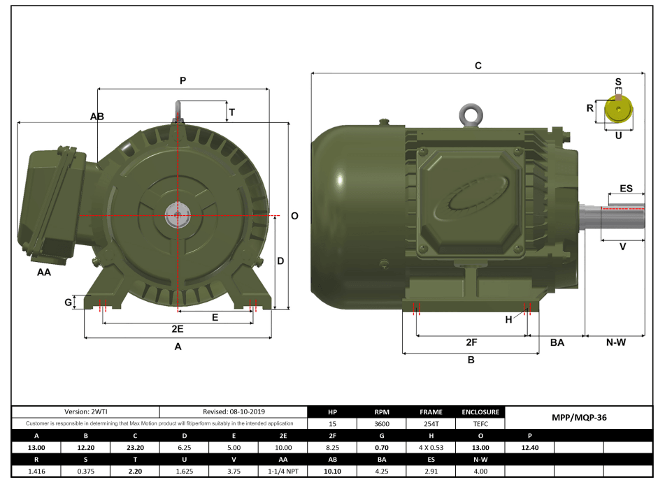 Max Motion MPP-36 | T-Frame Motor 15HP, 3600RPM, 575V, Frame 254T, TEFC, Cast Iron