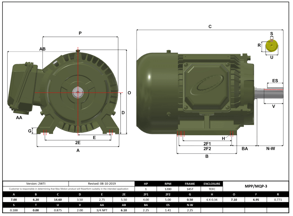 Max Motion MQP-3 | T-Frame Motor 1HP, 1200RPM, 208-230/460V, Frame 145T, TEFC, Cast Iron