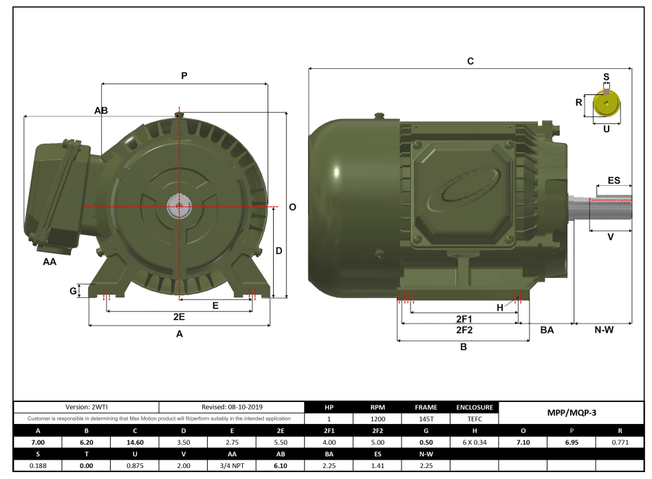 Max Motion MPP-3 | T-Frame Motor 1HP, 1200RPM, 575V, Frame 145T, TEFC, Cast Iron
