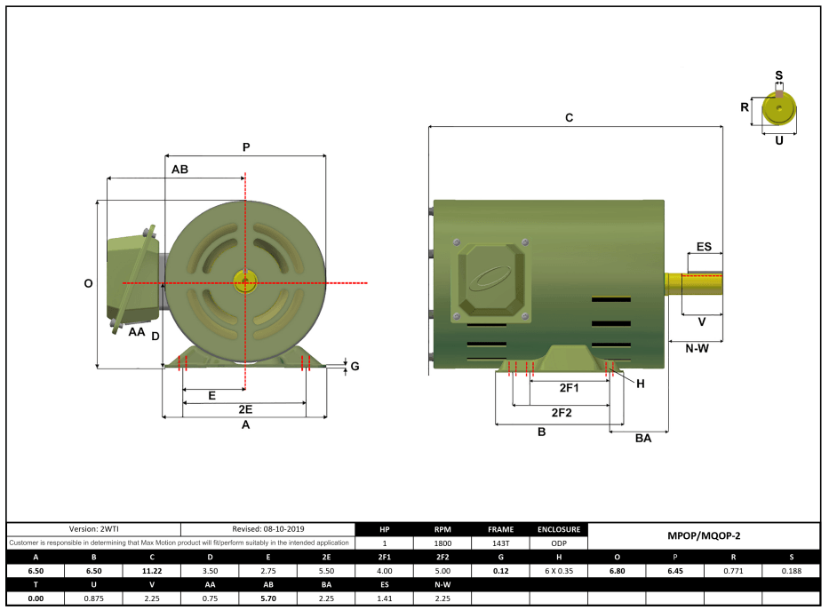 Max Motion MQOP-2 | T-Frame Motor 1HP, 1800RPM, 208-230/460V, Frame 143T, ODP, Rolled Steel