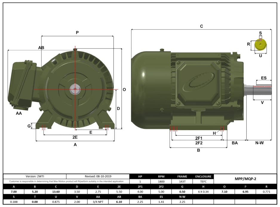 Max Motion MQP-2 | T-Frame Motor 1HP, 1800RPM, 208-230/460V, Frame 143T, TEFC, Cast Iron