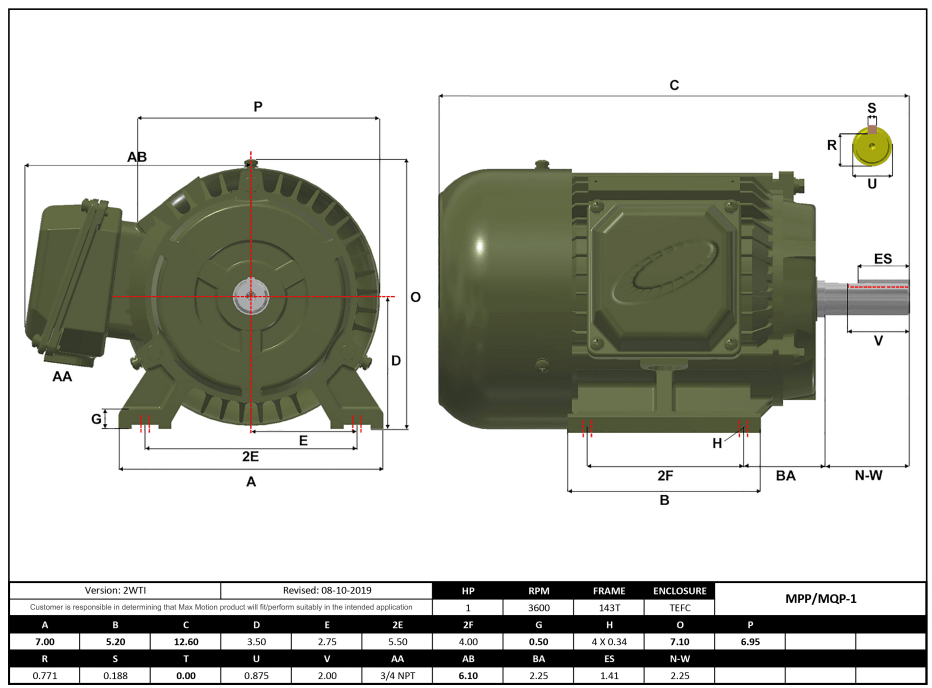 Max Motion MPP-1 | T-Frame Motor 1HP, 3600RPM, 575V, Frame 143T, TEFC, Cast Iron